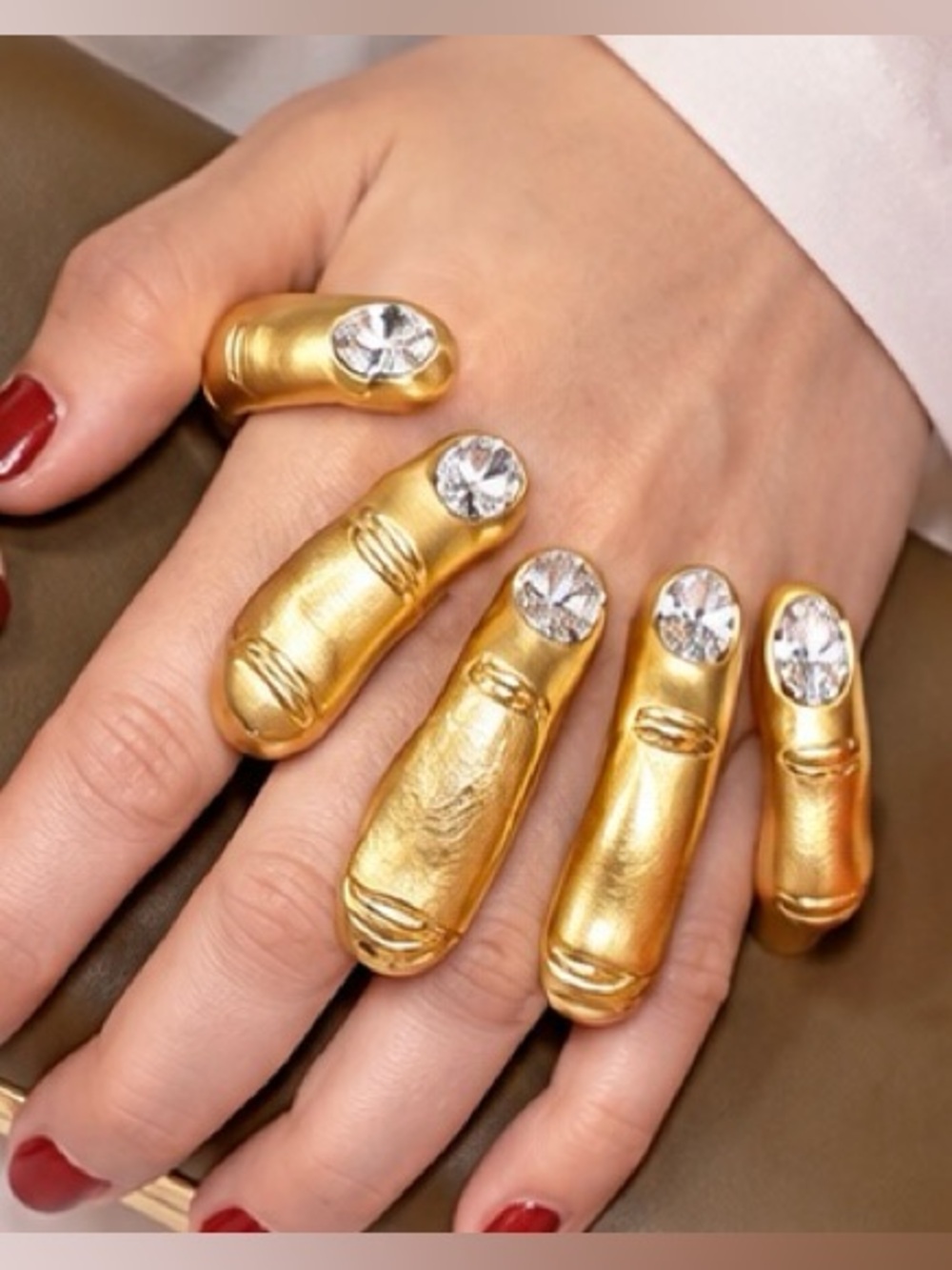 Gold Tone Crystal Finger Statement Ring Bold Artistic Cocktail Jewelry
